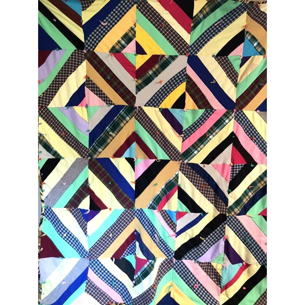Vintage 1970s Quilt Diamond Crazy Polyester Wool Grannycore Hippie - Picture 2 of 12